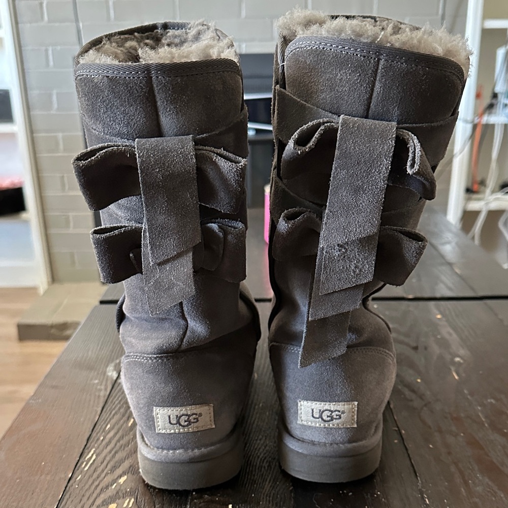 UGG Charcoal Suede Boots with Ribbon Accents